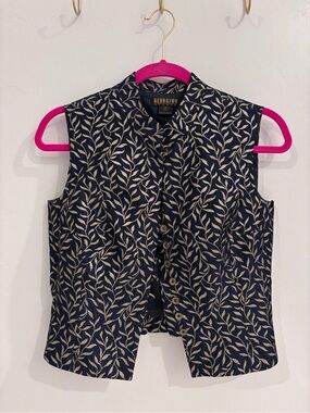 Vintage Georgiou Navy Leaf-Print Button Front Vest
